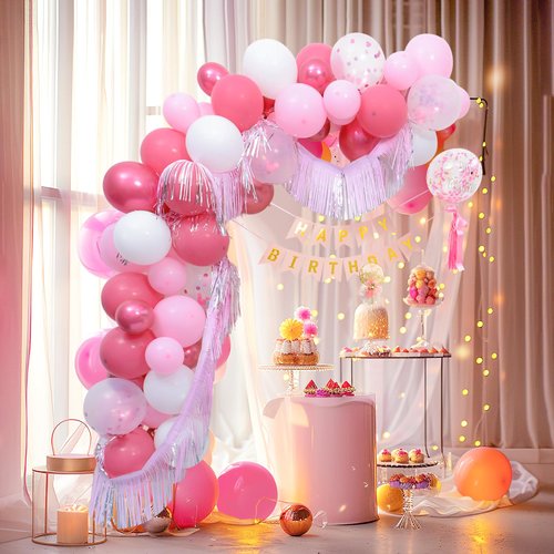 Pink Birthday Party Decoration Set - Balloon Arch Kit with "Happy Birthday" Banner, Cake Topper, Tassels, Confetti Balloons, and Ribbons - Perfect for Girl's Birthday Party and Baby Shower