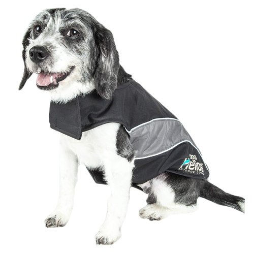 DOGHELIOS 'High Octane' Softshell Neoprene Polar Fleece Reflective Performance Pet Dog Coat Jacket w/Blackshark Technology, X-Small, Black, Grey…
