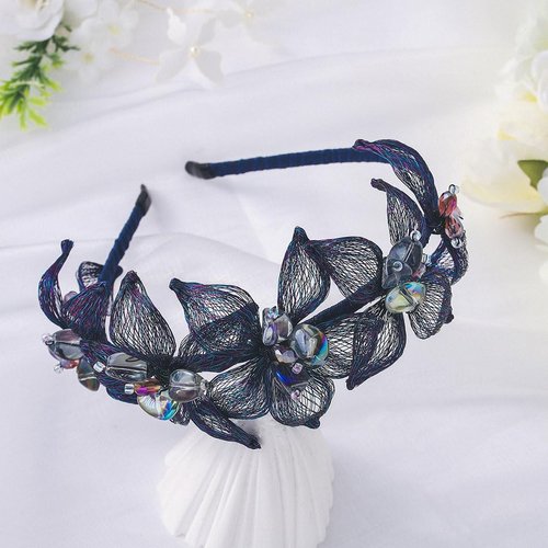 Formery Handmade Blue Flowers Headband Crystal Floral Hairband Wedding Prom Party Copper Wire Flower Bead Headpiece for Women and Girls