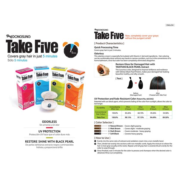 Dongsung Take Five Hair Dye Color #7 Soft Black Covers Gray Hair Just in 5 Minutes Pearl Extract, Ammonia Free, No Odor, UV Protection