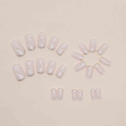 Foccna French Tip Press on Nails Medium, Pink Fake Nails Square Luxury Acrylic False Pink Marble Nails,Artificial Rhinestone Nails for Women and Girls,24 pcs