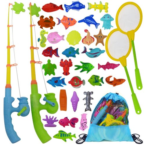 ArtCreativity Fishing Toys Set for Toddlers, Magnetic Fishing Set with Rods, Nets, Bag, and 30 Aquatic Toys, Interactive Fishing Game for Kids, Swimming Pool, Bath Toys for Kids, Boys and Girls