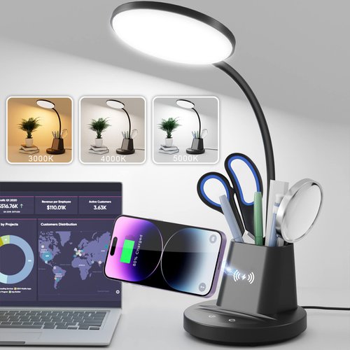 Sailstar Desk Lamp, Desk Lamps for Home Office with Wireless Charger & Pen Holder, 800 Lumens Gooseneck 3 Modes Dimmable Touch Circular LED Desk Light, Small Desk Lamp for College Dorm Room, Black