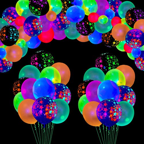 109 Pack UV Neon Balloons Light Up Balloons Glow in The Dark Balloons Blacklight Reactive Fluorescent Stars Latex Balloons Neon Party Supplies Black Lights For Glow Party Balloons Assorted Colors