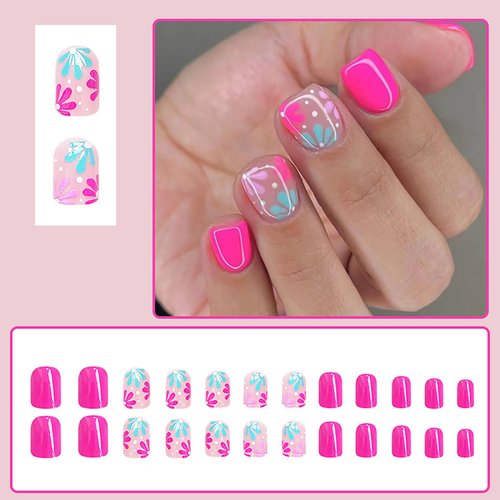 24Pcs Square Fake Nails Short Press On Nails Rose Pink Nails Press Ons Acrylic False Nails With Flower Designs Artificial Glossy Nails Full Cover Glue On Nails Short Stick On Nails For Women