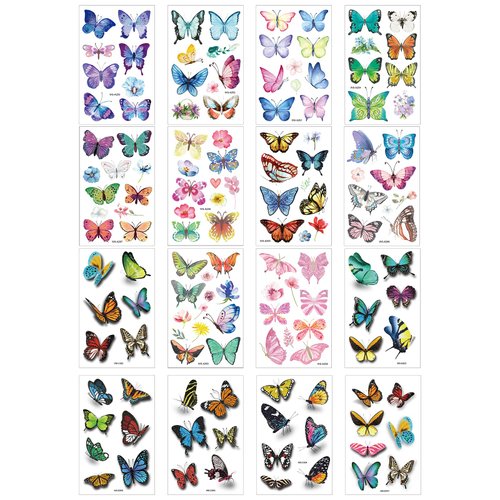 Temporary Butterfly Tattoos, 16sheets (138pcs) Small Colorful Butterfly Temporary Tattoos Waterproof 3d Glitter Butterfly Tattoo Stickers for Kids Women Eye Face Body Birthday Party Carnival