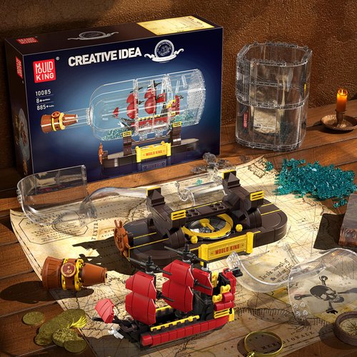 Mould King Ship in a Bottle Building Blocks Sets, 10085 Revenge Pirate Boat Model Kits Toys, Collectible Display Pirate Ship in a Bottle Kit, STEM Project for Adults and Kids Aged 8+ (885 Pieces)