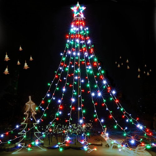 BlcTec Outdoor Christmas Lights 344 LED Christmas Star String Lights with 9 Strands 11.9ft Waterfall Tree Lights, 8 Modes, Waterproof & Timer for Garden Yard Patio Xmas Décor，Red Green White