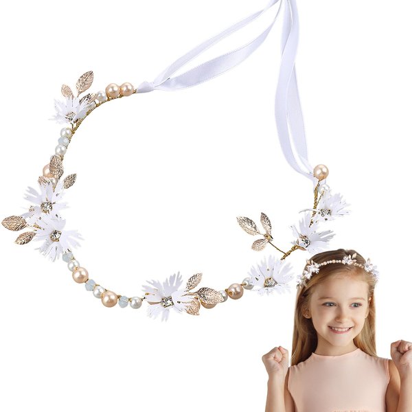 Flower Girl Hair Accessory for Wedding, Flower Girl Headpiece Gold Rhinestone Headpiece Crystal Daisy Headband Hair Jewelry Pearl Wedding Hair Band Princess Headpiece for Girls Kids Bridal Bridesmaid