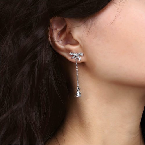 TseanYi Boho Crystal Bow Earrings Silver Rhinestone Bow Stud Earrings CZ Teardrop Chain Tassel Earrings Long Water drop Chain Dangle Earrings
