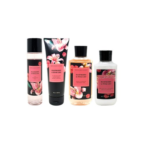 Raspberry & Pink Lily Value pack of 4 Gift Set - Includes Fine Fragrance Mist, Ultra Shea Body Cream, Body Lotion, and Shower Gel - Full Size