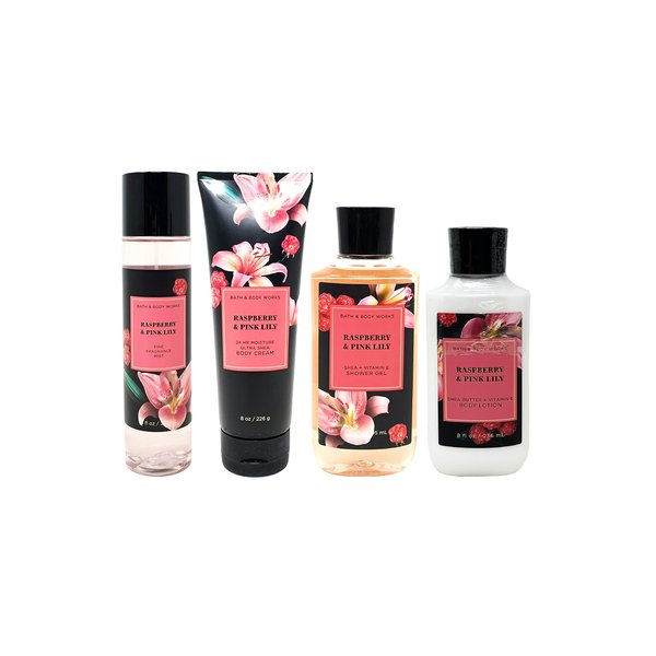 Raspberry & Pink Lily Value pack of 4 Gift Set - Includes Fine Fragrance Mist, Ultra Shea Body Cream, Body Lotion, and Shower Gel - Full Size