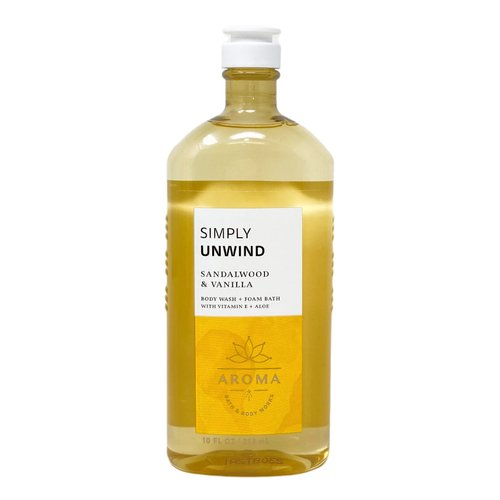 Bath & Body Works Aroma Simply Unwind Sandalwood & Vanilla 2 Pack Body Wash + Foam Bath Bundle with a Natural Oats Bar Soap - Full Size