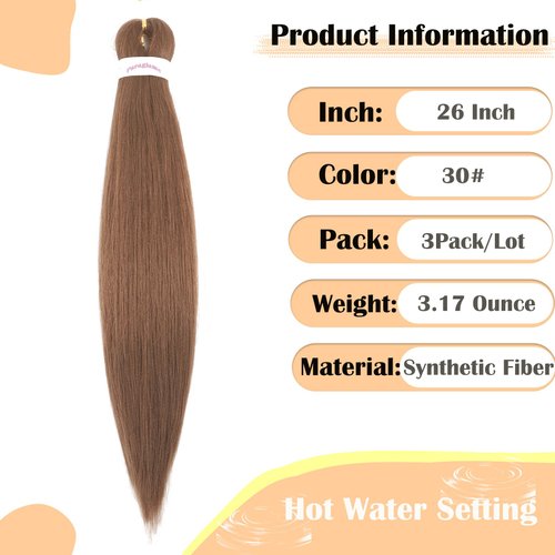 Brown Pre Stretched Braiding hair 26 Inch Colored Braiding Hair Prestretched 3 Packs Hot Water Setting Braiding Hair Extensions for Braids(30#, 26 Inch (Pack of 3))