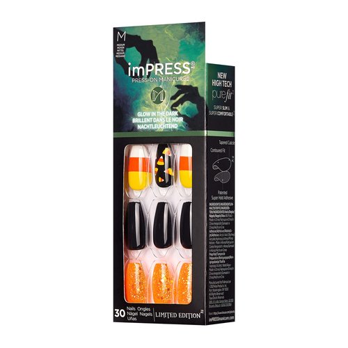 Kiss imPRESS Press on Manicure Halloween Nails - Black Wand, Medium Length, Coffin Shape, 30 Fake Nails