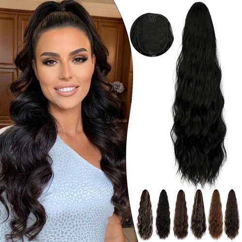 Fanguilar Ponytail Extension 24 Inch Long Curly Wavy Drawstring Ponytail Extension Synthetic Hair Extensions Ponytail for Women Daily Use Natural Black
