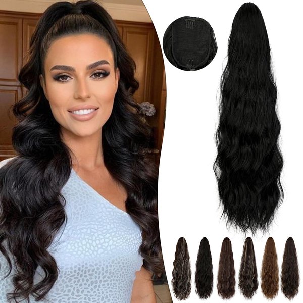 Fanguilar Ponytail Extension 24 Inch Long Curly Wavy Drawstring Ponytail Extension Synthetic Hair Extensions Ponytail for Women Daily Use Natural Black
