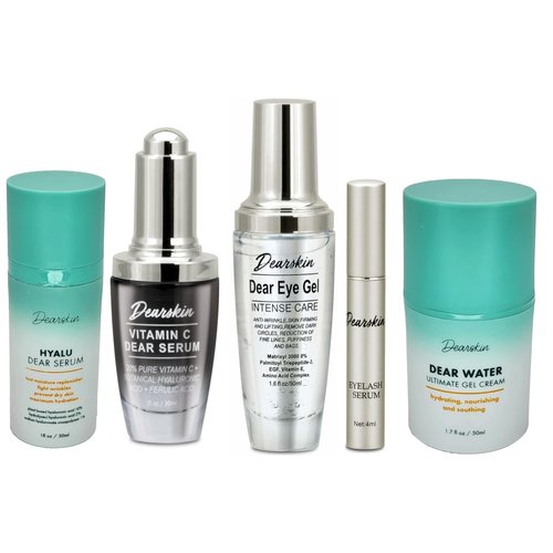 Dearskin Eyelashes, Eyes & Face Skincare Gift Set: Gift her Glow with Hyaluronic Facial Serum Vitamin C Eye Gel Eyelashes Serum and Water Gel Cream