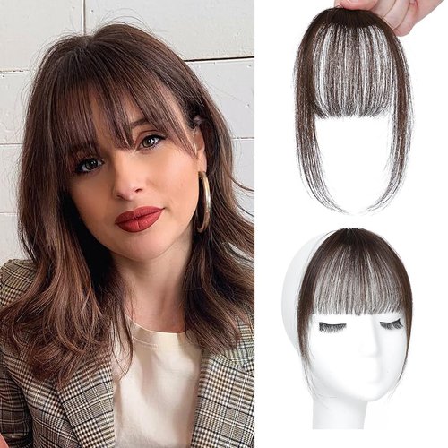 GetMaige Clip on Bangs Hair Fake Bangs Clip in Hair Extensions Medium Brown Wispy Bangs Hair Clip in Human Hair Clip Fringe with Temples Hairpieces Curved Air Bangs Clip on Bangs for Daily Wear