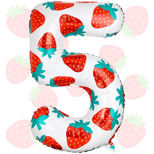 Lunmon 40 Inch Strawberry Balloons Strawberry Number 5 Balloons Sweet Fruit Balloons Berry Birthd...