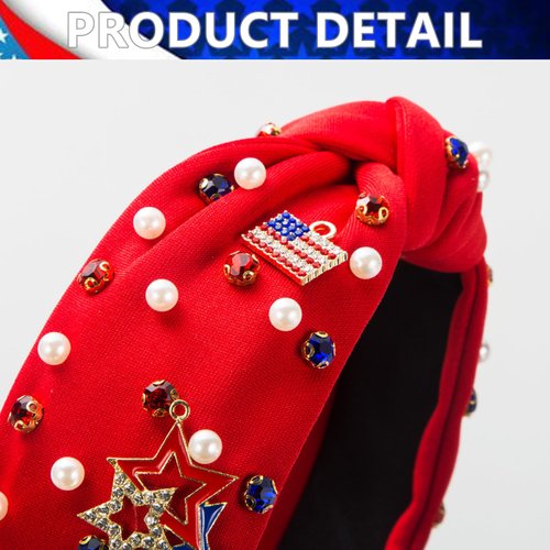 TailaiMei 4th of July Rhinestone Knotted Headband for Women, USA Flag Star Jeweled Crystal Embellished Ladies Twist Wide Hair Band Accessories Holiday Makeup Hair Hoop Gifts (Red)