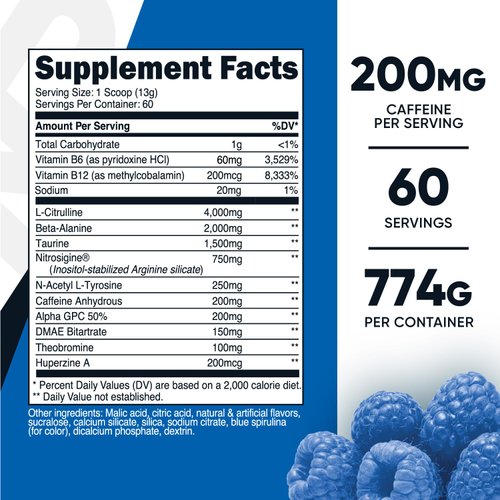 Nutricost Pre-Workout Complex Powder (60 Servings, Blue Raspberry) - Pre-Workout Supplement with Beta-Alanine, Taurine & Amino Acids