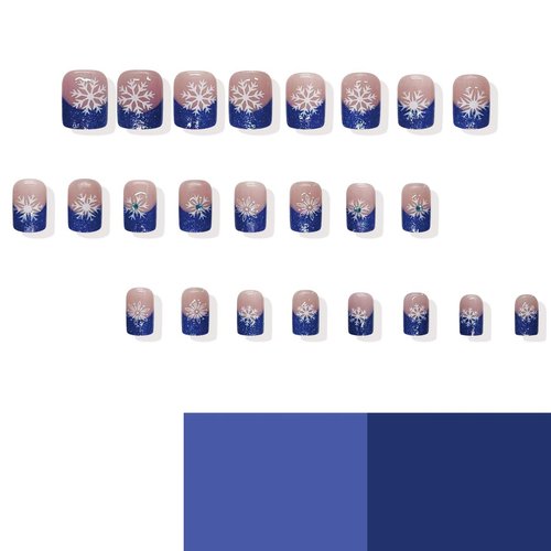 24Pcs Christmas Snowflake Press on Nails Short Square French Tips Fake Nails Blue Glitter Nail Tips Acrylic Nails with Rhinestone Design Christmas Glue on Nails for Women Winter Christmas Nails Decor