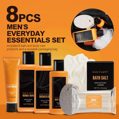 Gift Baskets for Men Mens Bath Set Body & Earth Citrus Scented Bath and Body Gift Set with Body Lotion, Face Wash, Shower Gel, Bubble Bath, Loofah & More, Birthday Gifts for Men,Fathers Day Gifts