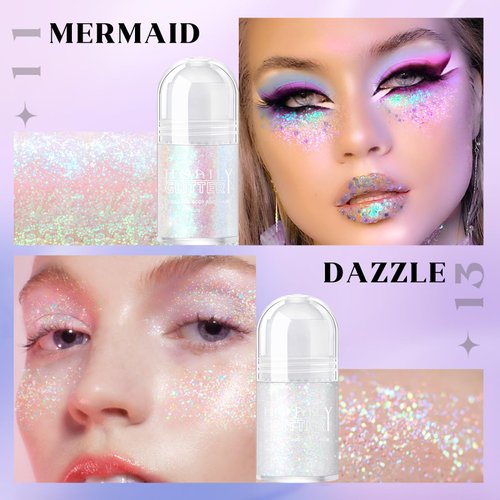 HOSAILY 2 Colors Roll-on Body Glitter Gel, Holographic Glitter Gel Under Light for Body, Hair, Face, Body Shimmer Hair Glitter Gel for Rave Accessories Christmas New Year Halloween Makeup (11+13)