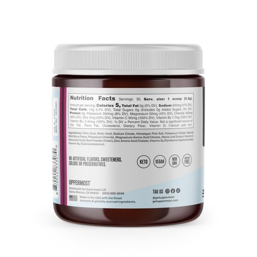 UPPERMOST Hydrate Hydration Keto Electrolytes Powder No Sugar Drink Mix - Naturally flavored & sweetened - with Vitamin C, B6, B12 & Zinc - 30 Servings (Wild Berry)