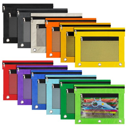 12 Pcs Pencil Pouch for 3 Ring Binder Colorful Binder Pencil Pouch with Zipper, 3 Ring Binder Pencil Pouch Bags for Classroom Bulk Pencil Pouch Box Pencil Case for Storing School Teacher Supplies