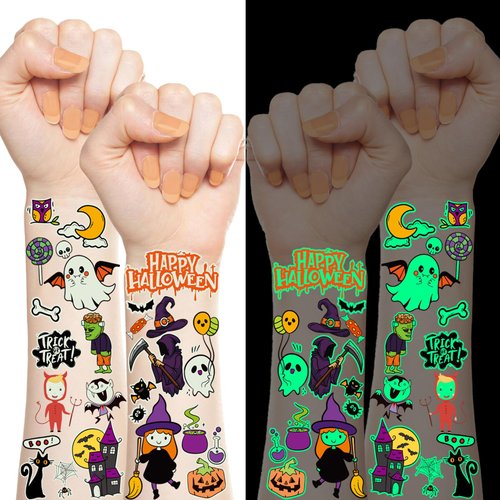 XZENTIRA, 404 Pcs Halloween Glow Temporary Tattoo Set for Kids - Halloween Decorations, Halloween Trick or Treat Party Supplies, Halloween Party Favors, Pumpkin/Candy/Ghost Tattoo Stickers 30 Sheets