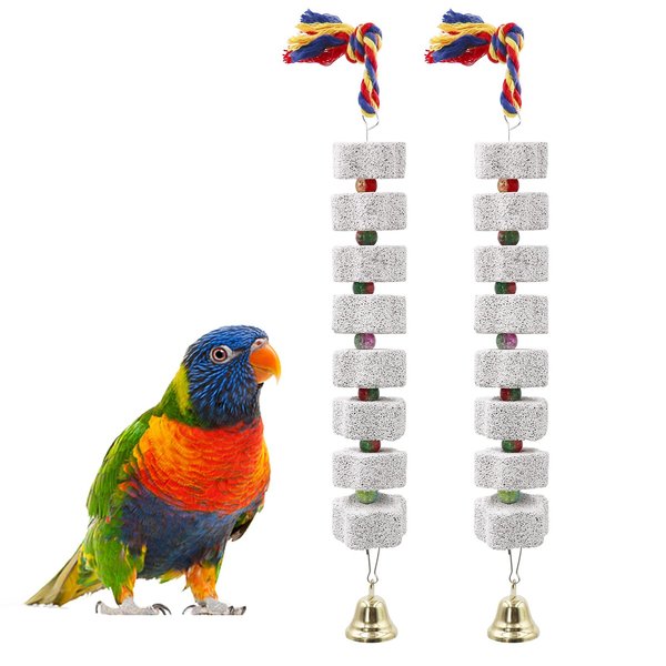 Bird Chewing Toy, Parrot Beak Grinding Calcium Stone with Bells, Bird Cage Accessories, Cage Toys for Cockatiel Parakeet Parrot Budgies Rat Hamster Chinchilla Rabbit Bunny African Grey - 2 Pack