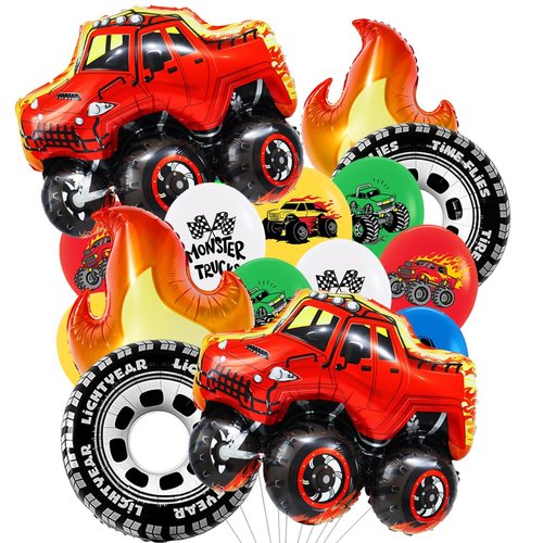 Monster Truck Theme Birthday Party Decorations Monster Truck Balloons Wheels Balloons Fire Balloons Happy Birthday Truck Shaped Balloons for Girls Boys Birthday Baby Shower Wedding Party Supplies