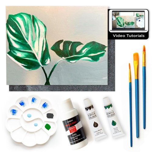 Painting4Real DIY Painting Class Kit for Adults: Learn to Paint This Monstera with Video Tutorials – How to Paint with Acrylics – Painting & Art Supplies – 9 Piece Acrylic Paint Set