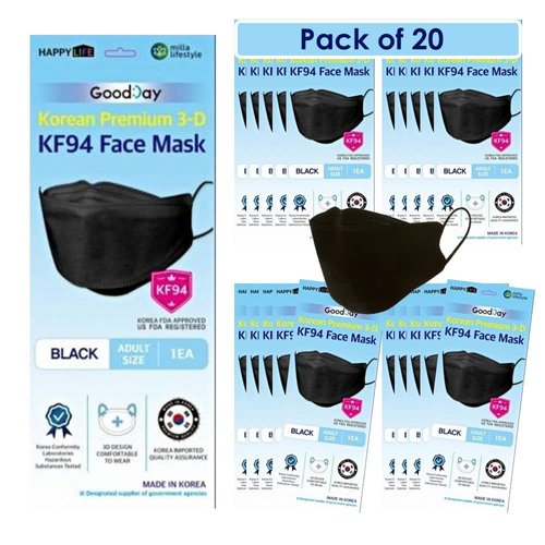 (Pack of 20) Black Disposable KF-94 Face Mask, 4-Layer Filters, KF-94 Mask, KF-94 Black Made in Korea, Nose Mouth Covering Dust Mask (individual Packed) (Black Color)