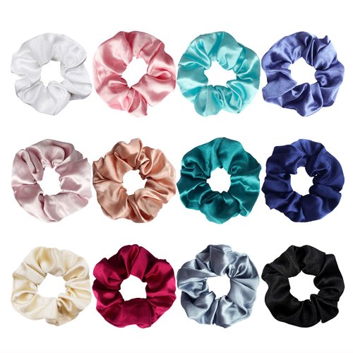 LADY & HOME 12 Packs Satin Hair Scrunchies for Women and Girls, Bulk Soft Scrunchy Hair Bands for Hair Accessories, Elastic Hair Bobbles Ponytail Holder for Girl’s Birthday Gift (Multicolor)