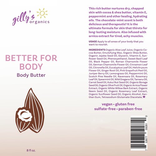 Gilly's Organics Organic Body Butter, Delicious Chocolate Mint Scent - Made in USA, All Natural Everyday Nourishing Creamy Moisturizing Lotion for Dry Skin - With Shea, Cocoa Butter, Vitamin E, Arnica