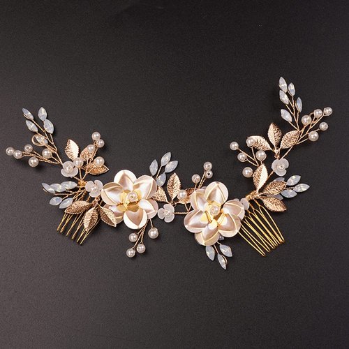 Teyglen Hair Comb, Wedding Gold Rhinestones Flower Leaf Crystal Pearls Hair Comb, Bridal Headband Hair Accessories, Hair Pieces for Women Bride Girls (Gold, 24 * 6.5cm/9.44 *2.6 inches)