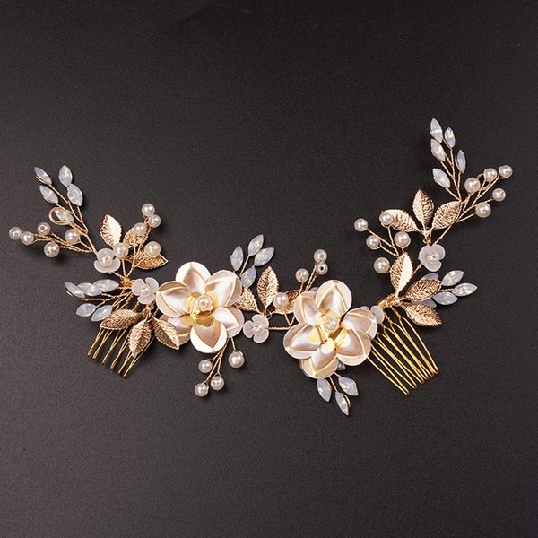 Teyglen Hair Comb, Wedding Gold Rhinestones Flower Leaf Crystal Pearls Hair Comb, Bridal Headband Hair Accessories, Hair Pieces for Women Bride Girls (Gold, 24 * 6.5cm/9.44 *2.6 inches)