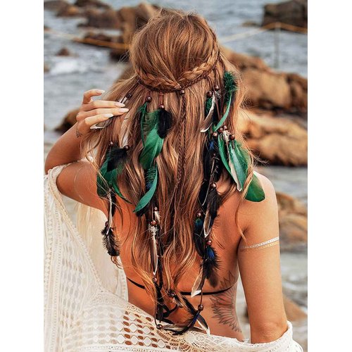 GORTIN Boho Feather Headband Gypsy Headpiece Headdress Bohemian Hippie Headbands Indian Festival Hair Band Adjust Long Feather Hair Accessories for Women and Girls (Black+Green)