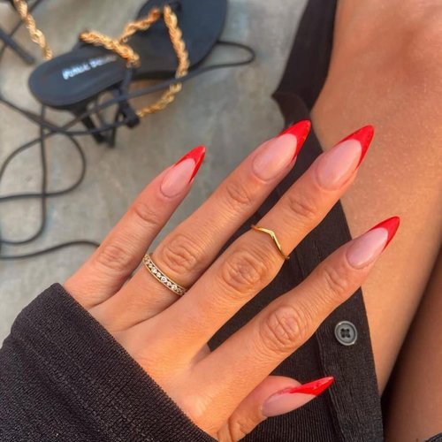 KQueenest Red French Tip Press on Nails Medium Almond,Nude Color Full Cover Gel Nails Press On,Durable Medium Fake Nails Acrylic Stick On Nails with Classic Design,False Nails for Daily Life in24 PCS