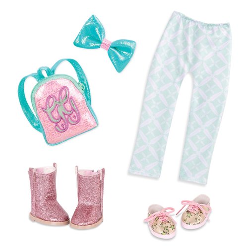 Glitter Girls – 14-inch Doll Clothes and Accessories – Leggings, Shoes, Hair Bow, and Backpack Fashion Set – Glitter & Stars – Toys for Kids Ages 3 and Up (Pink & Blue)
