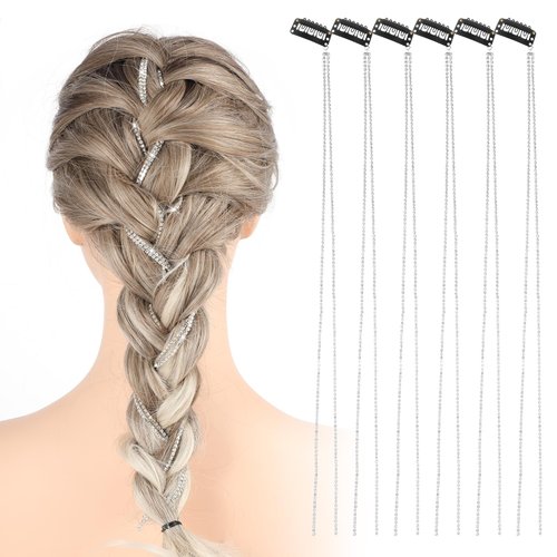 COMNICO Rhinestone Hair Chains, 6Pcs Punk Crystal Tassel Hair Clips Chains Rhinestone Hair Accessories Shiny Silver Hair Extensions Hair Pins Hair Gems for Women and Girls Hair Decoration
