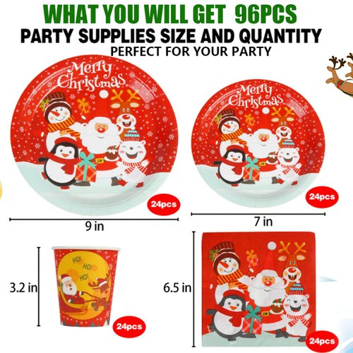 CCINEE Christmas Party Supplies Paper Plates, 96pcs Table Decorations Christmas Disposable Dinnerware Set Includes Paper Plates Napkins Cup Serves 24 for Xmas Holiday Party Supplies