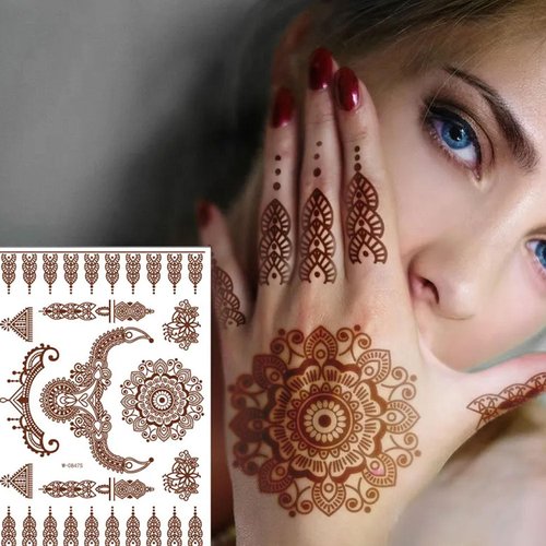 Ｈenna Tattoo Stickers Brown Flower Lace Waterproof Temporary Tattoo Stickers Indian Diwali Festival Stickers for Birthday Party Decoration 6sheets