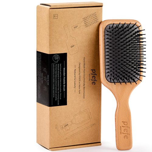 Wooden Paddle Hair Brush, Square Detangling Reducing Breakage Hairbrush for Men & Women, Beechwood Air Cushion Brush with Travel Bag for Thick, Curly, Wet, Dry Hair