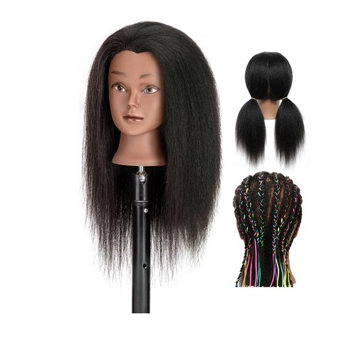 Mannequin Head Human Hair Mannequin Head with Hair 100% Real Hair Manikin Head Doll Head for Hair Styling Hair Mannequin Head with Free Table Mannequin Head Stand (Black mannequin head, 16 inch)