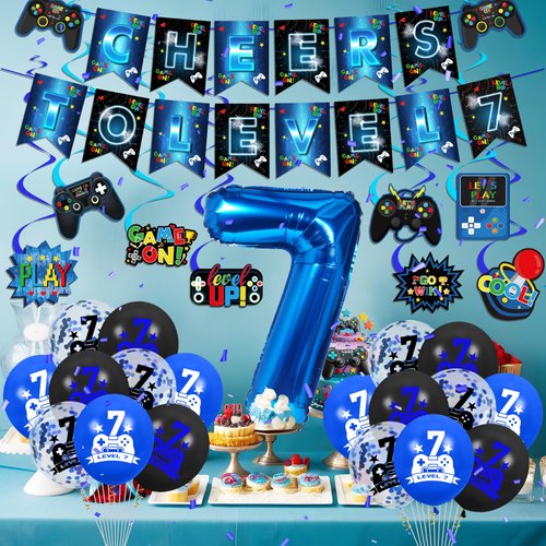 Video Game Theme 7th Birthday Party Decorations for Kids Blue Black Cheers to Level 7 Banner Hanging Swirls Level Up 7 Balloons Kit for Boys Girls 7 Years Old Game Controller Birthday Supplies Decor