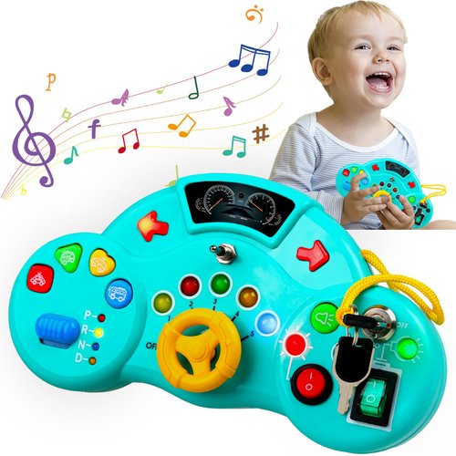 Montessori Toys Busy Board for Toddlers 2-4, LED Musical Light Switch Toys for 1-3 Year Old, Sensory Learning Activities for Kids 2-4, Preschool Educational Travel Toys for Boy Girl Birthday Gift Blue